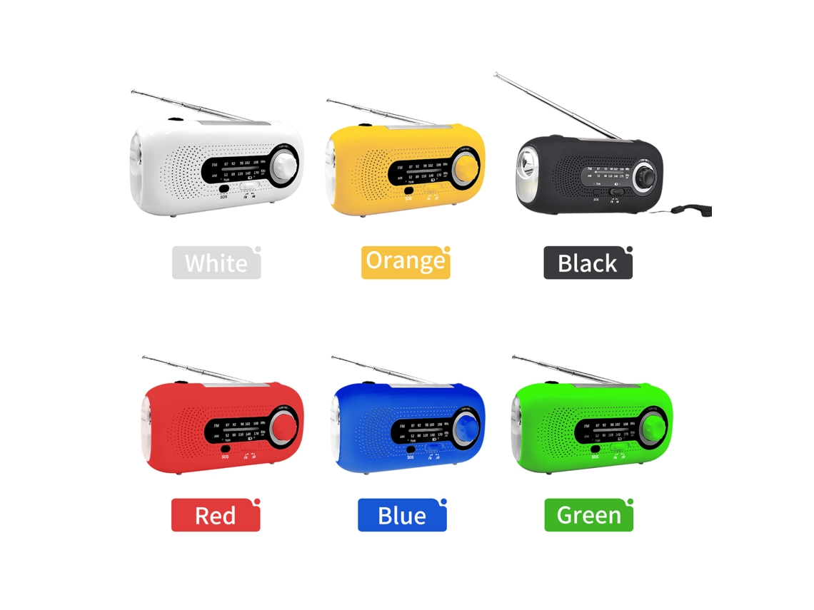 Rádio solar de emergência, manivela, lanterna, FM, 4 modos, power bank, camping