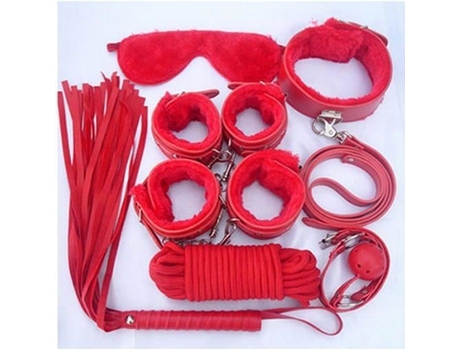 Conjunto Kit Bdsm - Vermelho - Coleira, Máscara, Chicote, Algemas, Corda, Trela - Adulto - Durável