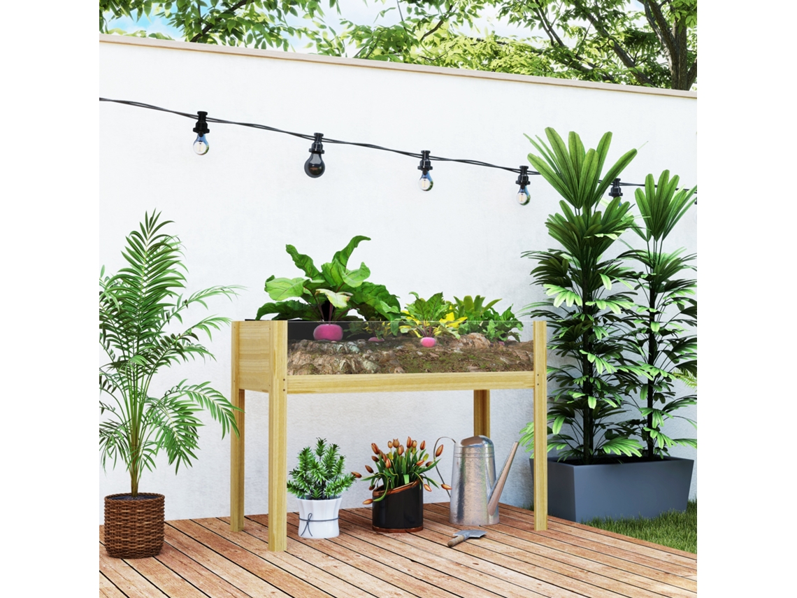 Canteiro Com Paredes Em Acrílico, Canteiro Elevado Para Ervas Com Drenagem, Recipiente Em Madeira Resistente, Jardim E Varanda, 110×50×80cm Natural