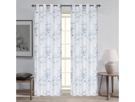 Par De Cortinas Opacas Com Ilhós Padrão Vegetal Azul 140x260 Cm