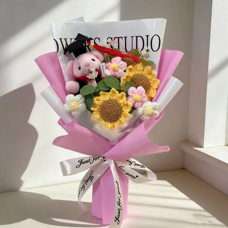 (rosa 32cm) Urso De Pelúcia Com Chapéu De Formatura E Buquê Criativo De Girassóis Artificiais Feito À Mão