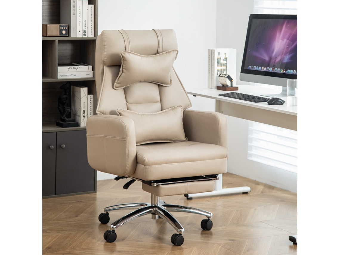 Cadeira Executiva Ergonômica Reclinável 155°, Couro Sintético Premium, Apoio Lombar E Apoio De Cabeça, Cadeira Office Confortável Bege Bga Store