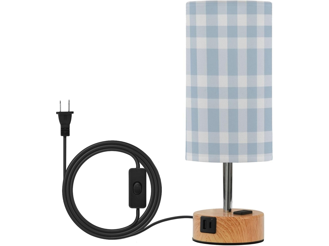 Luminária De Mesa Yuiboo Touch Com Estampa Xadrez Azul Claro, Portas Usb C E A, Lâmpadas Inclusas, Ideal Para Escritório