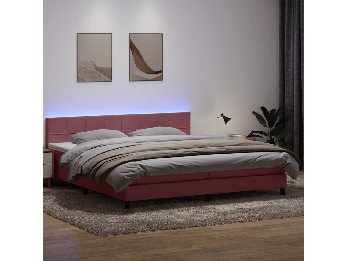 Vidaxl Cama Box Spring C/ Colchão E Led 180x210 Cm Veludo Rosa