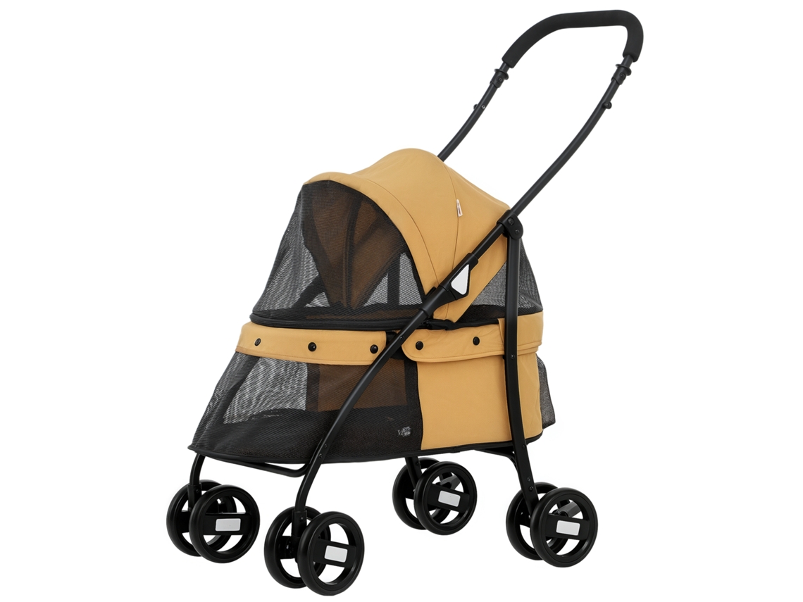 Carrinho De Estimação Dobrável Com Janela De Malha Almofada Lavável Arnês De Segurança 82x47x97cm Marrom