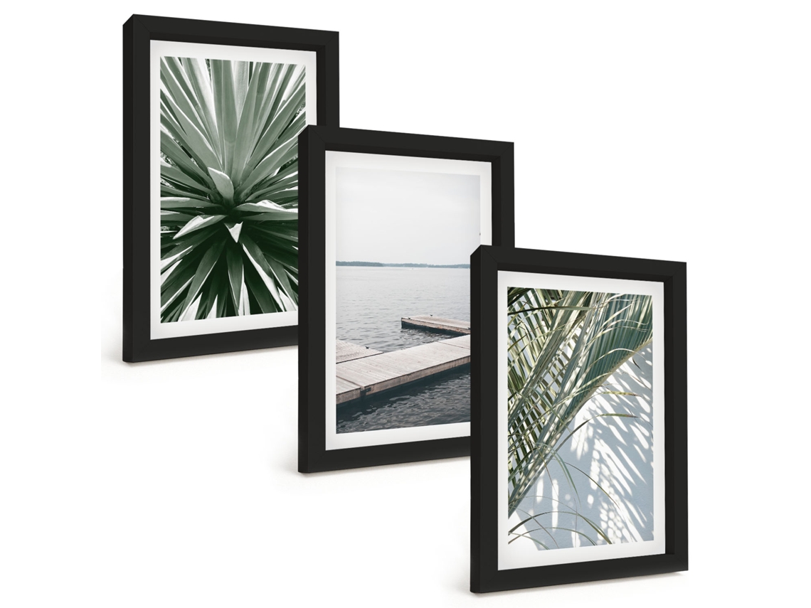 Composição De Quadrosfolhas De Palmeira Ponte De Madeira Moldura Preta Imagens Para Um Quarto Infantil Espelharte (3 Peças 20x30 Cm)