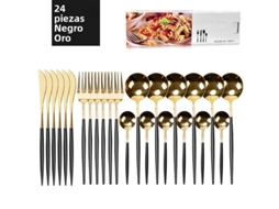 Conjunto de Talheres de Aço Inoxidável com 24 Peças, Incluindo Faca, Colher, Garfo e Talheres Prateados Estilo Ocidental. MDUG (preto e Dourado)