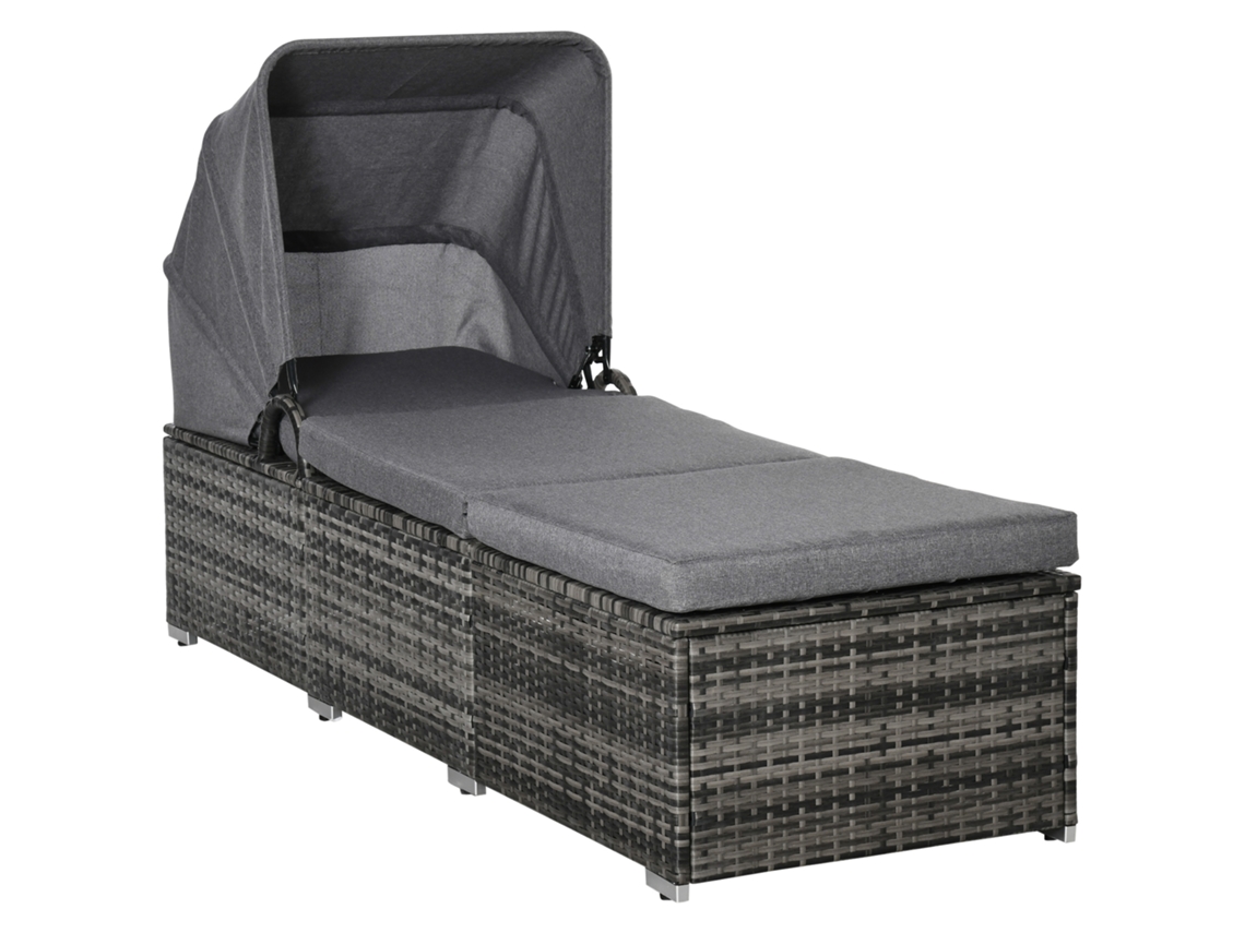 Espreguiçadeira De Polirrattan Com Toldo Ajustável, Sofá De Jardim Em Rattan Com Almofada, Cinza, 195x65x40cm Para Momentos Relaxantes Ao Ar Livre.