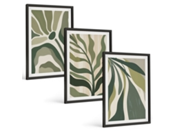 Quadros Decorativos Para Parede Ilustrações De Folhas Verdes Pintadas Moldura Preta Quadros Para O Escritório Espelharte (3 Piezas De 40x60 Cm)