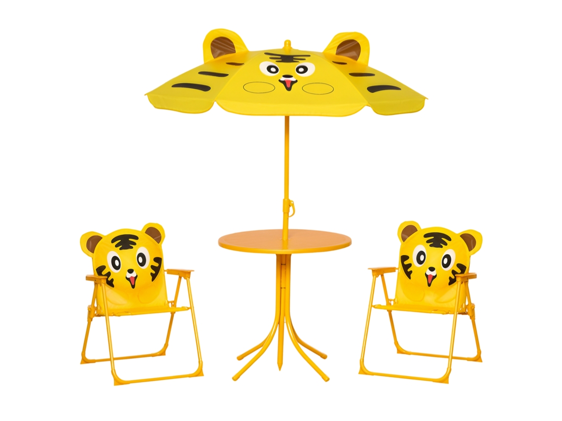 Conjunto Externo para Crianças 4 Peças com 2 Cadeiras. Guarda chuva e Mesa Redonda. em Tecido Oxford de Aço e Amarelo Ge