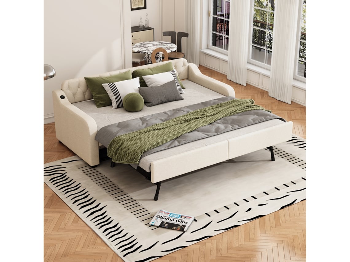 Cama De Dia Sofá-cama 90×200 Cm Com Leito Retrátil E Usb, Bege