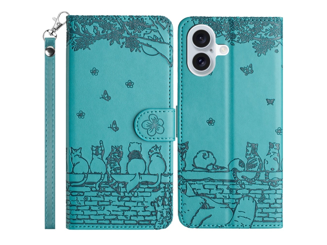 Capa Em Couro Pu Com Pega, Para Apple Iphone 16 Plus Azul