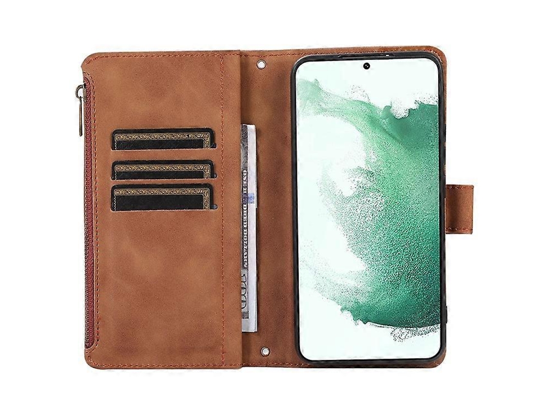 Capa De Couro Compatível Com Samsung Galaxy S22 5g, 9 Compartimentos Para Cartão, Bolso Com Zíper E Suporte Com Estampa De Losango, Capa Tipo Carteir