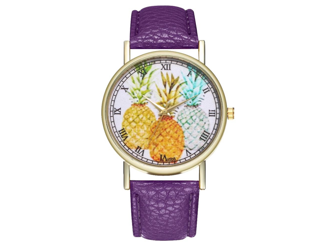 Relógio de pulso unissex de quartzo com pulseira de PU e mostrador redondo com estampa de abacaxi (roxo)