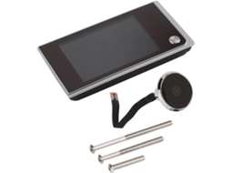 Sistema de segurança com visor digital LCD para portão, lente grande angular de 120°, operação 24 horas, baixo consumo de energia.