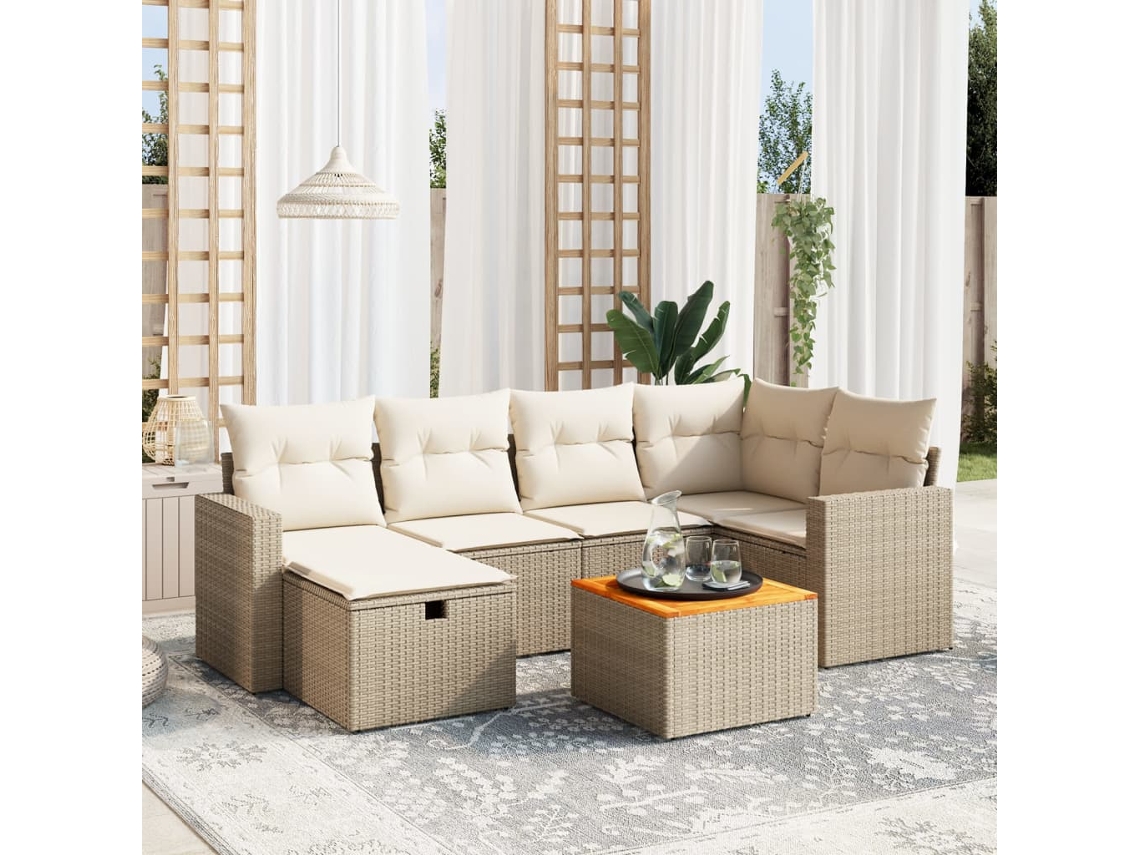 Vidaxl 7 Pcs Conjunto De Sofás P/ Jardim Com Almofadões Vime Pe Bege