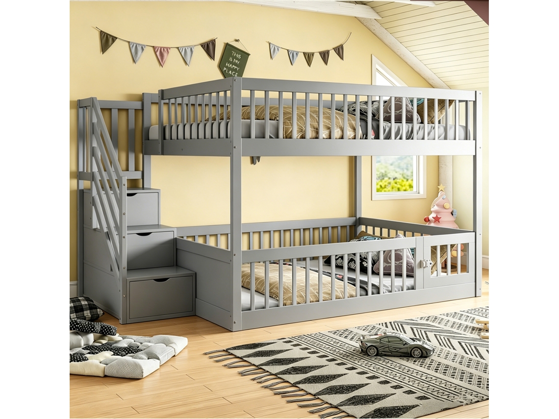Cama Box Casal Solteiro Infantil 90x200cm, com Estrado, Cabeceira Estofada Bege Linho e Baú SUNJOY
