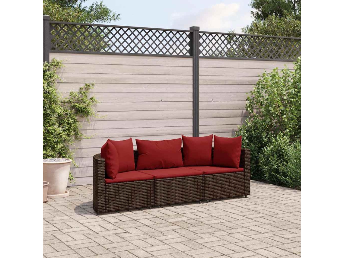 Vidaxl 3 Pcs Conjunto Sofás De Jardim Com Almofadões Vime Pe Castanho