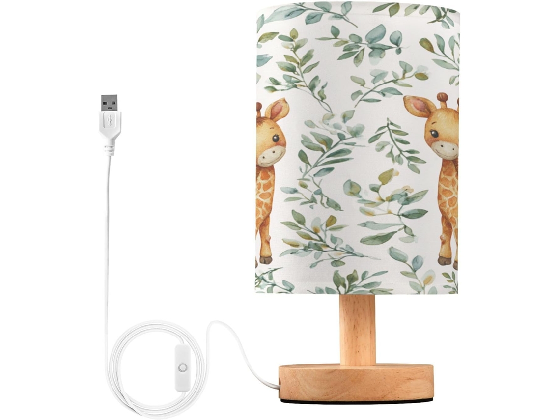 Abajur De Cabeceira Led Em Formato Girafa, Perfeito Para Quarto, Leitura Com Cúpula De Tecido, Base De Madeira E Porta