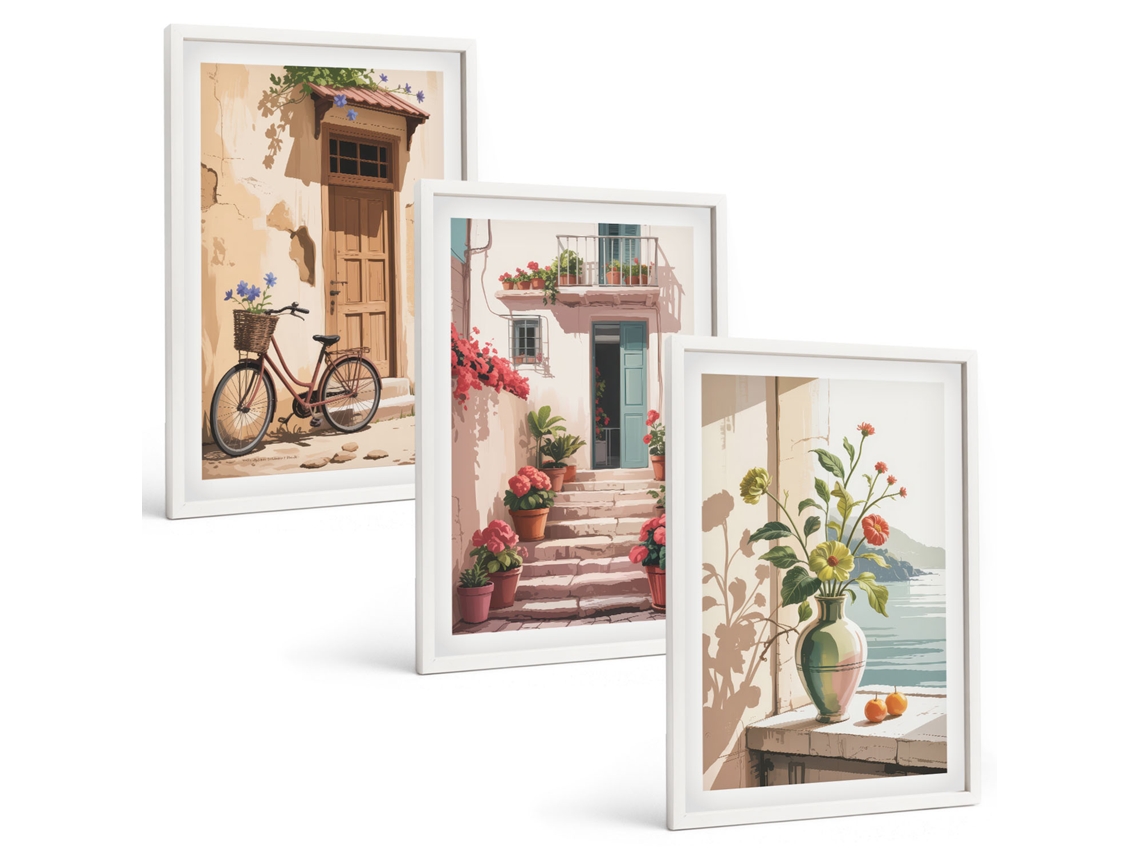 Pinturas Murais Modernas Ruas, Flores E Bicicletas Moldura Branca Quadros Para A Sala De Estar Espelharte (3 Piezas De 40x60 Cm)