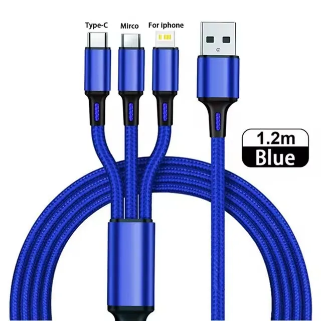 Cabo De Carregamento 3 Em 1 (azul, 1,2 M), Com Várias Portas Usb E Conectores Usb Tipo C/micro.
