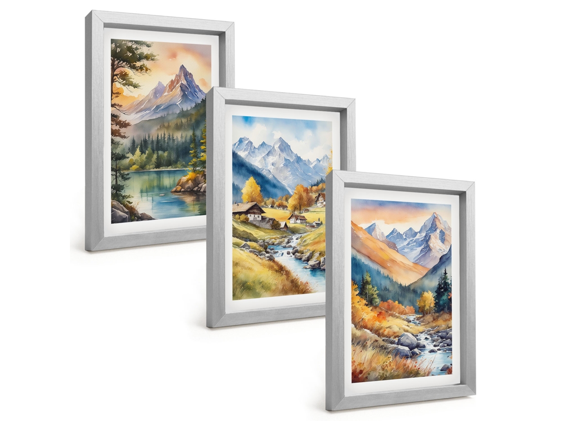 Composição De Quadros Paisagem De Montanha Com Rio Espelharte (3 Peças 20x30 Cm)
