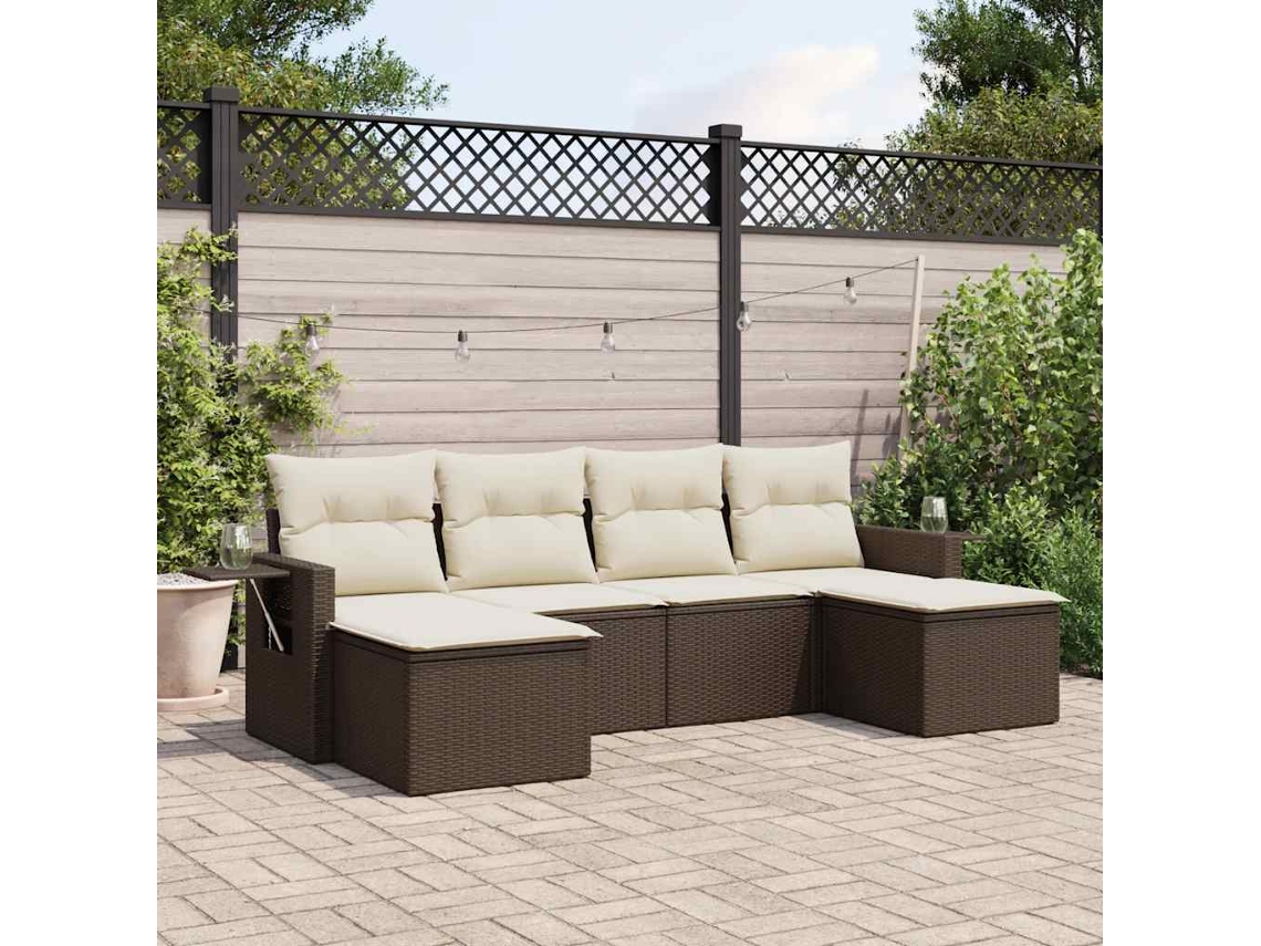 6 Pcs Conjunto De Sofá Jardim C/ Almofadões Vime Pe Marrom Dkd Home Decor