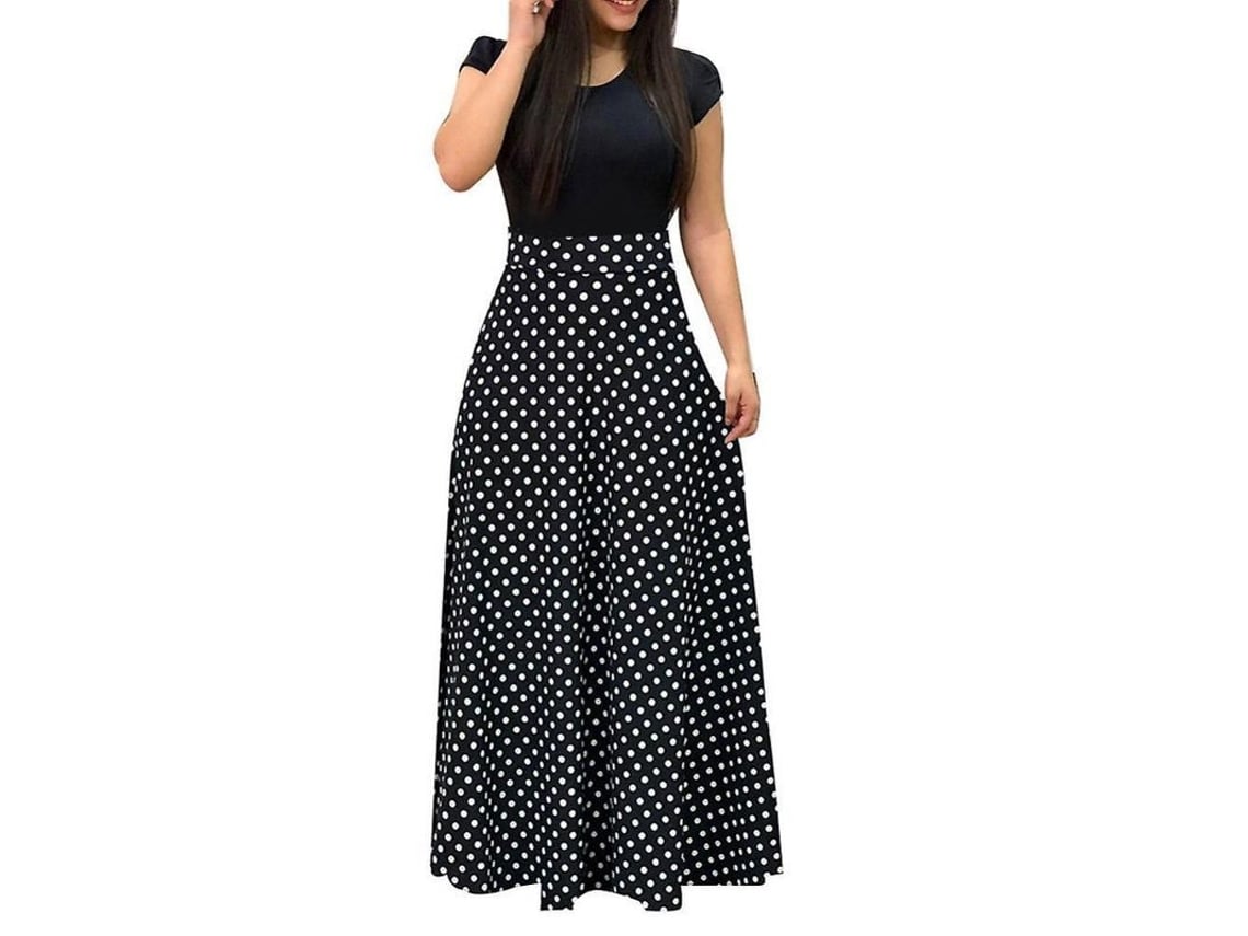Vestido longo Rebe feminino com estampa floral, manga curta e gola redonda, ideal para festas na praia. Tamanho G. Estampa de bolinhas.