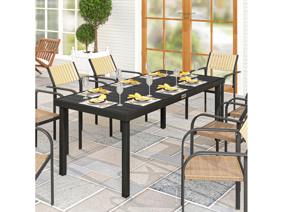 Mesa Para Varanda E Terraço Em Alumínio Preto, Tampo Ripado 190x90x74 Cm, Ideal Para Jantar Ao Ar Livre