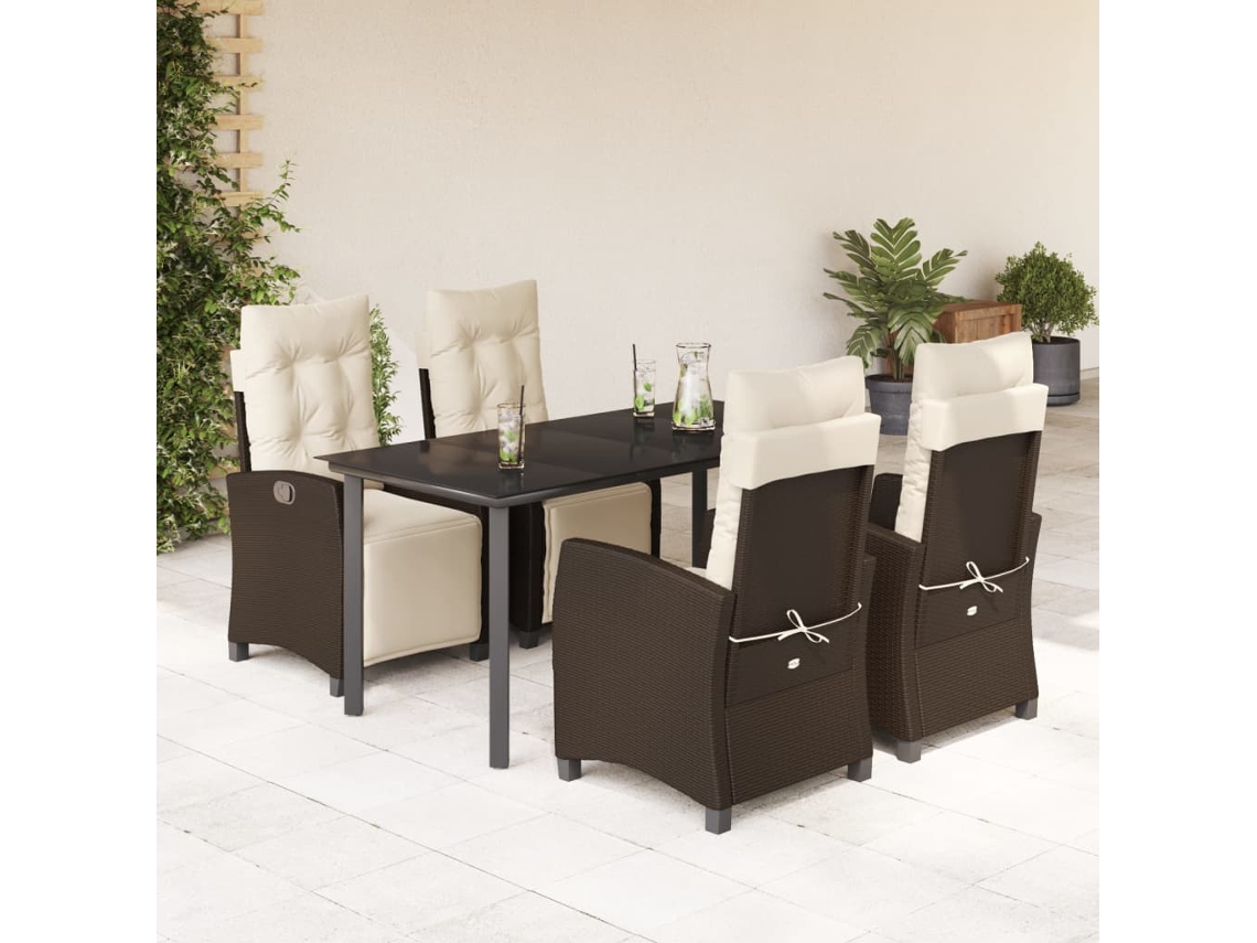 Vidaxl 5 Pcs Conjunto Jantar P/ Jardim C/ Almofadões Vime Pe Castanho