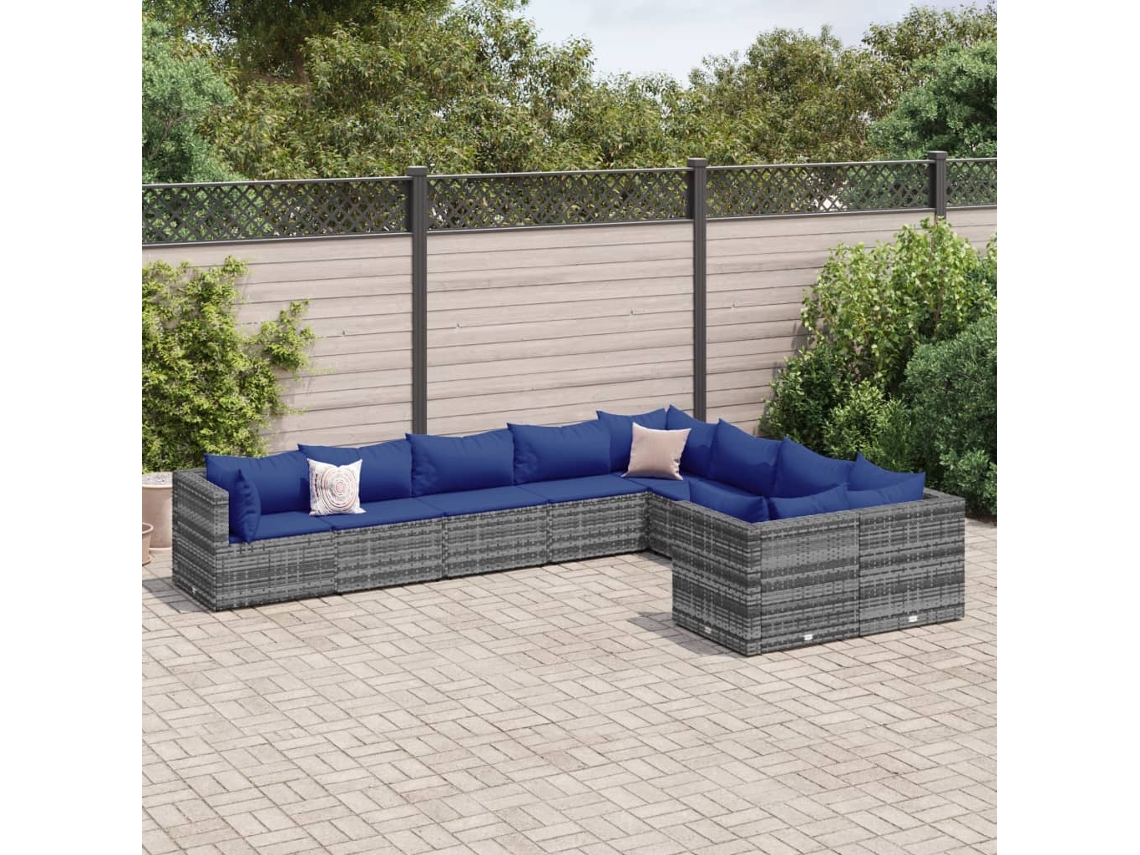 Vidaxl 9 Pcs Conjunto Sofás P/ Jardim Com Almofadões Vime Pe Cinzento
