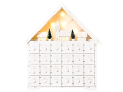 Calendário De Advento De Natal Madeira Com 24 Gavetas E Luzes Led Decoração De Modelo Casinha 39x9x42cm Branco