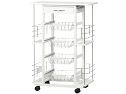 Carrinho de cozinha com gavetas, 4 cestos metálicos e 4 suportes laterais Temperos, 57x37x83cm, branco