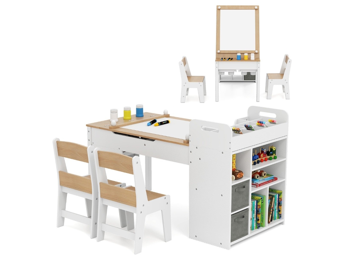 Conjunto De Mesa De Arte Infantil Com 2 Cadeiras E Cavalete Ajustável