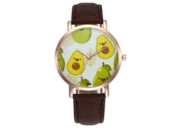Relógio de quartzo com pulseira de couro PU para casais, mostrador com estampa de frutas, cor café.