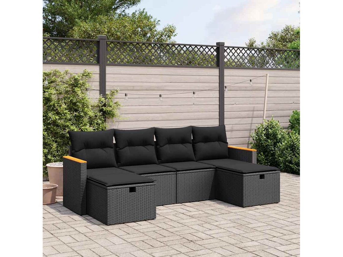 Vidaxl 6 Pcs Conjunto Sofás De Jardim C/ Almofadões Vime Pe Preto