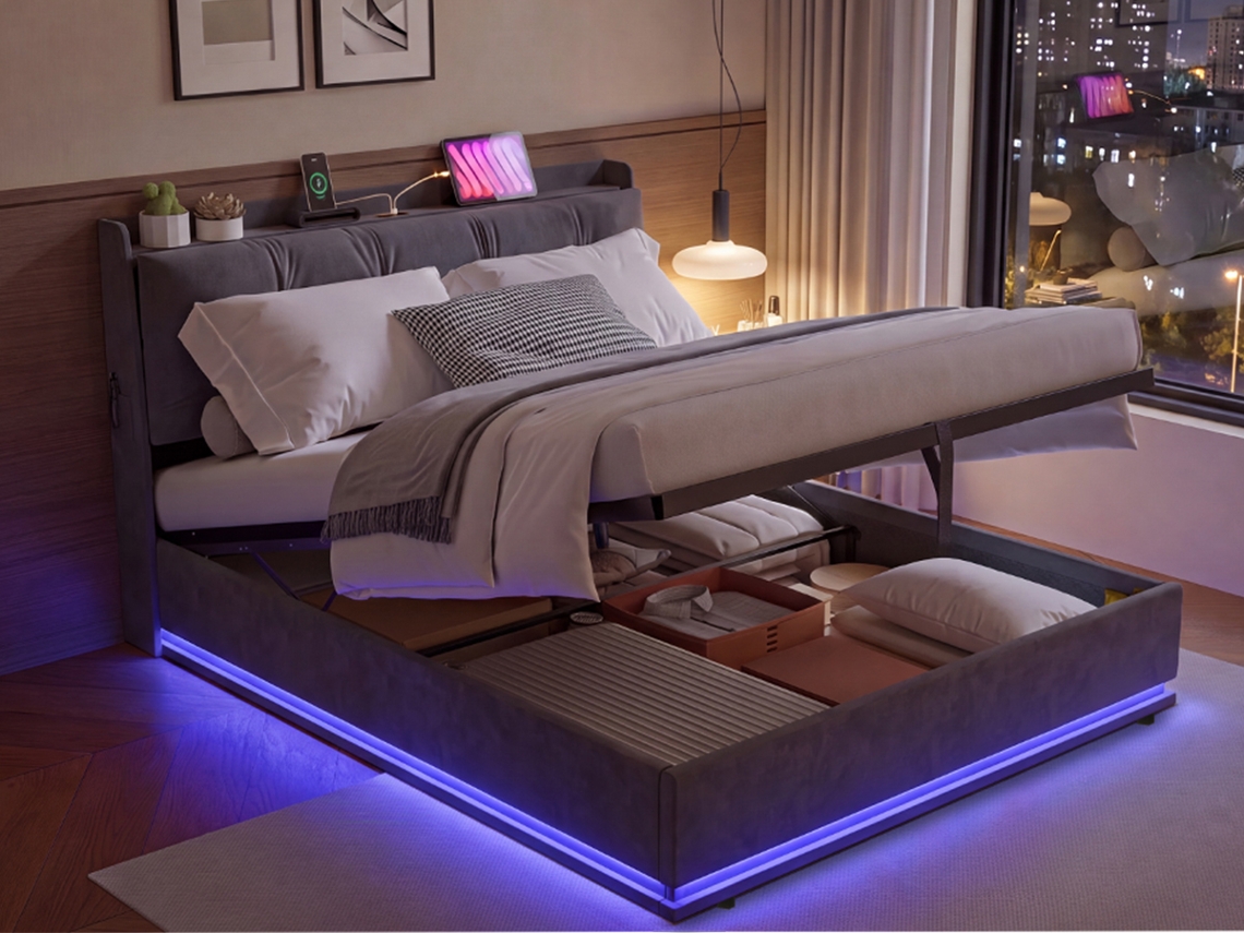 Cama Estofada 160x200 Cm Cama De Casal Com Baú Hidráulico Cabeceira Led Usb Arrumação Interior E Revestimento Em Veludo Para Quarto Cinza