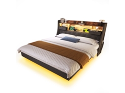 Cama Estofada Flutuante 160x200 com Led, Usb e Arrumação PAPRIKA