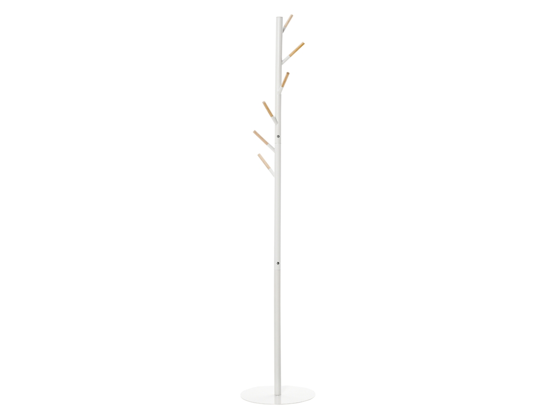 Cabide de Pé de Madeira com 6 Ganchos para Roupa Bolsas e Estrutura de Metal e Madeira 35x35x174cm Branco