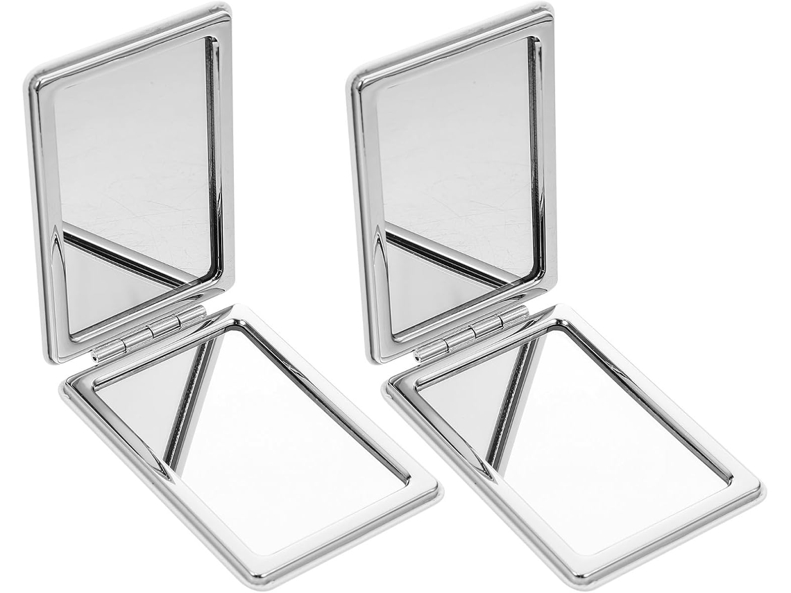 Conjunto De 2 Espelhos De Maquiagem Compactos E Portáteis Em Couro Pu Prateado Para Viagem.