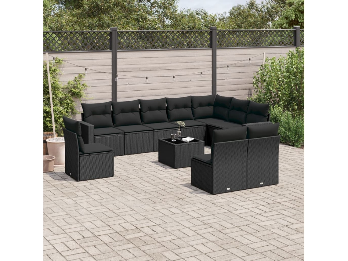 Vidaxl 11 Pcs Conjunto Sofás De Jardim C/ Almofadões Vime Pe Preto