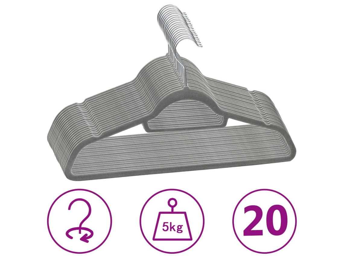 Vidaxl 20 Pcs Conjunto De Cabides Antiderrapantes Veludo Cinzento