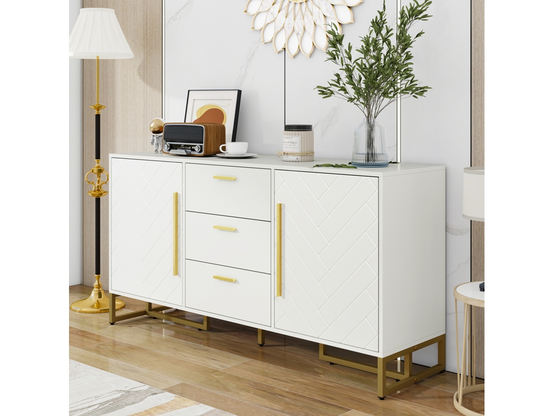 Aparador Branco Elegante Com Padrão Espinha De Peixe, Com 2 Portas E 3 Gavetas Para Sala De Jantar, Cozinha E Sala De Estar (branco) Ge