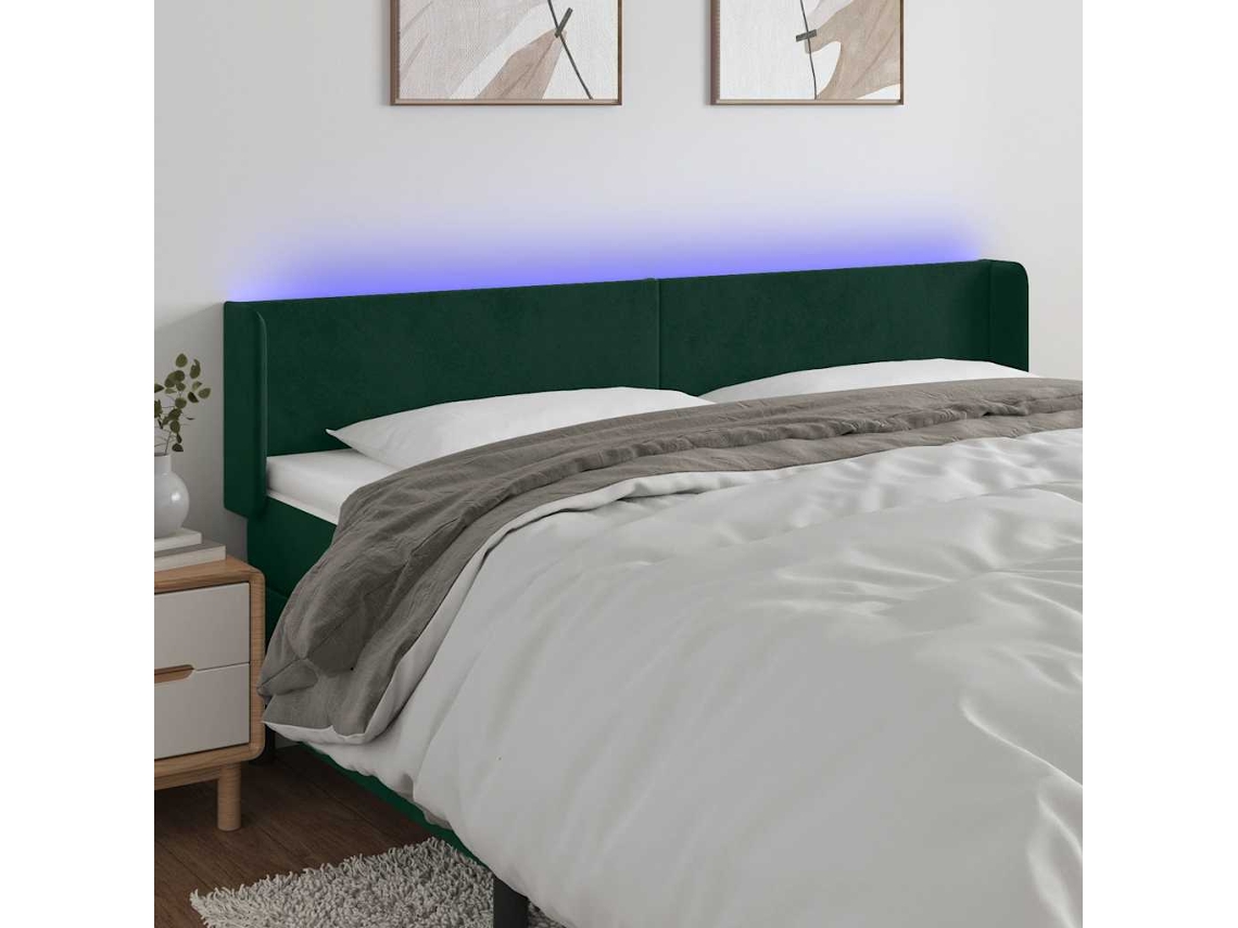 Vidaxl Cabeceira Cama C/ Luzes Led Veludo 163x16x78/88 Cm Verde-escuro
