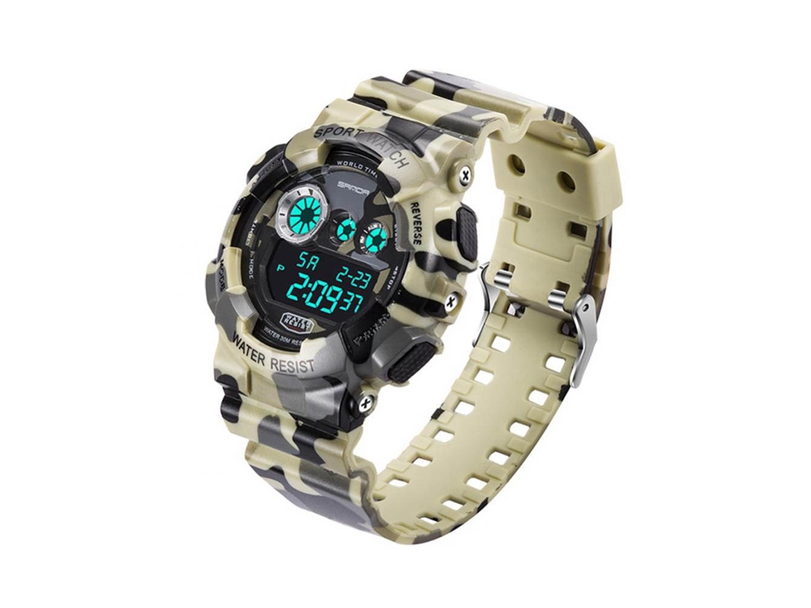 Reloj Deportivo Hombre Sanda Impermeable Luz Nocturna Calendario Digital Camuflaje Amarillo