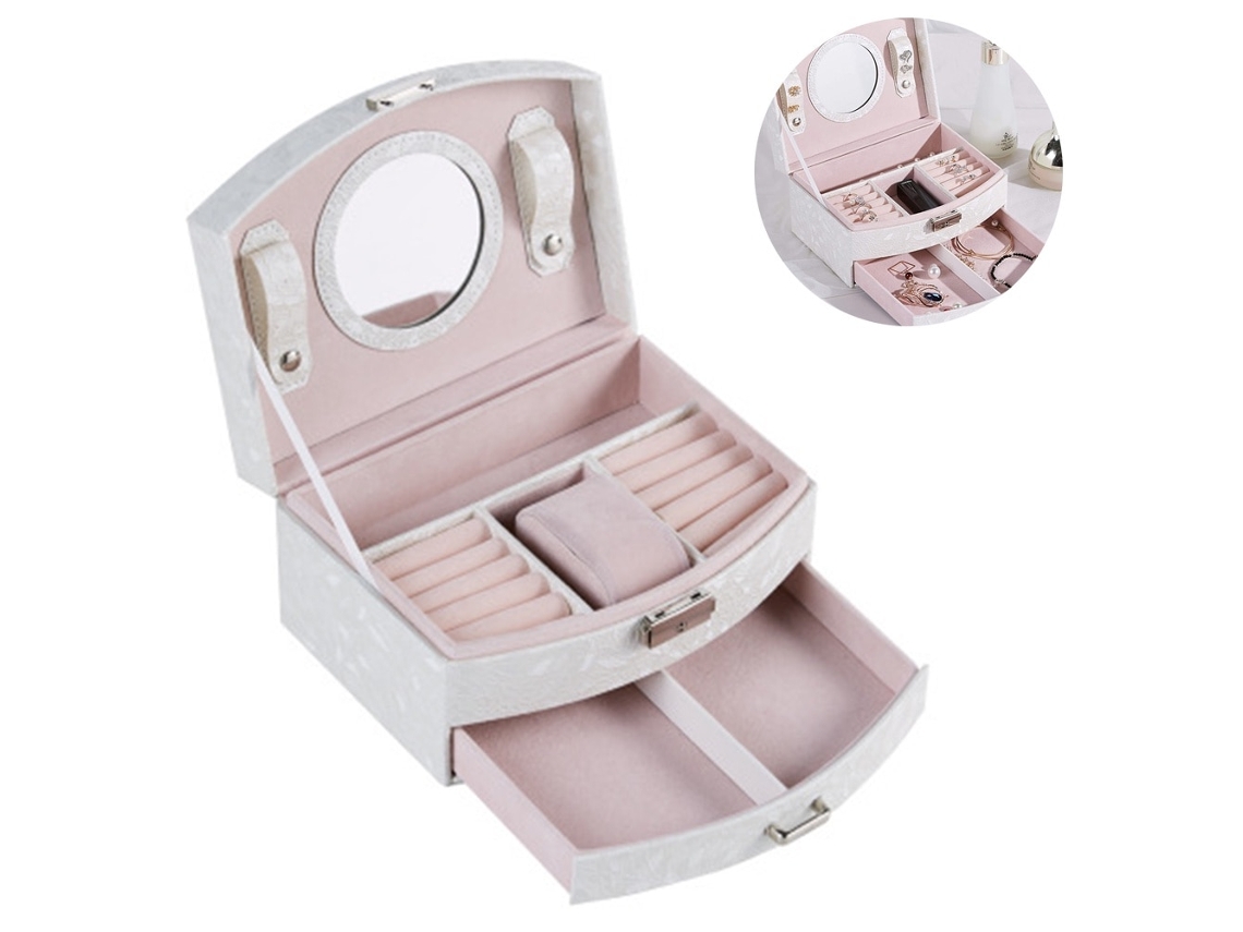 Caixa De Jóias Couro Ecológico 2 Gavetas Branco Rosa Claro Espelho 20x16x10 Cm