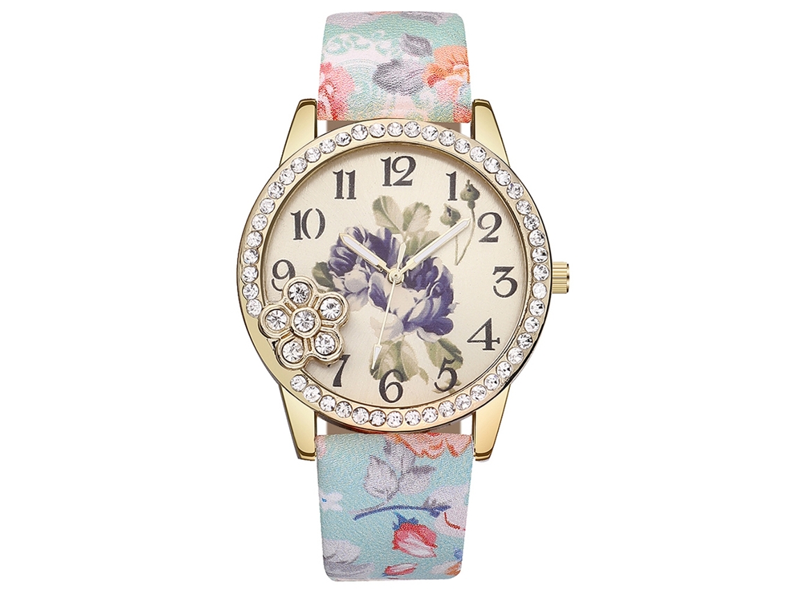Relógio Feminino de Quartzo com Pulseira de Couro Pu Estampa Floral e Strass Verde