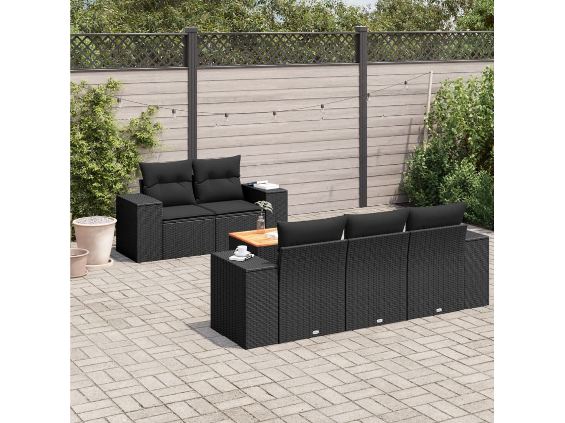 Jogo de Sofá Jardim 6 Peças C/ Almofadões Vime Pe Preto Dkd Home Decor