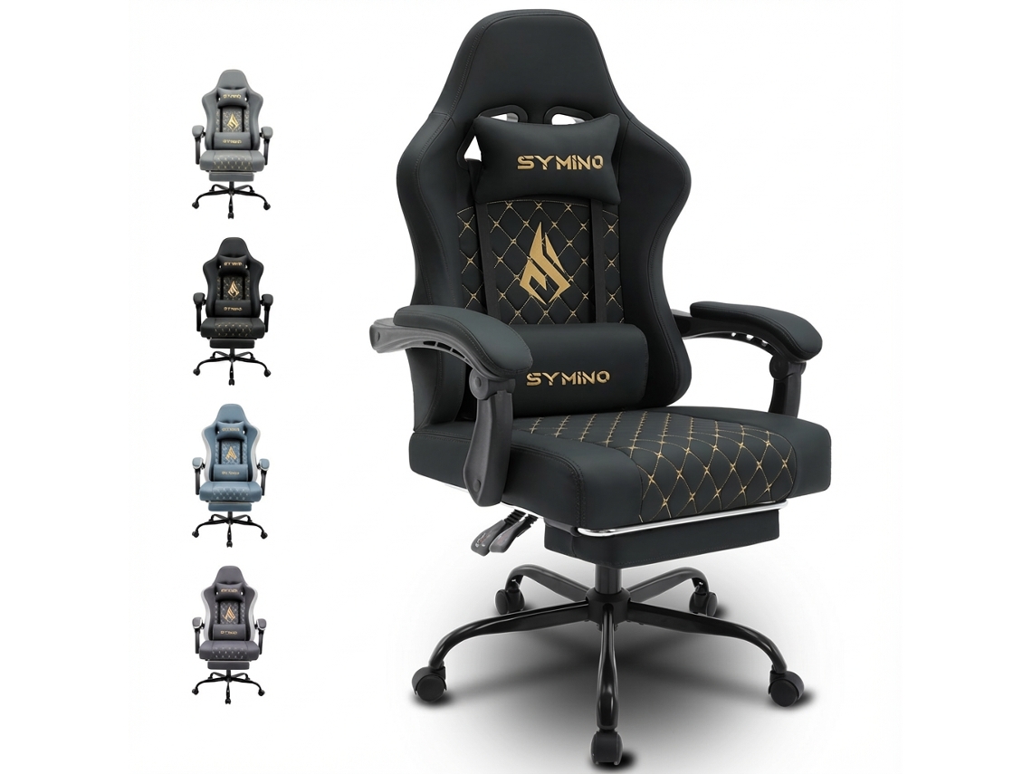 Cadeira Gaming Ergonómica SYMINO Pele PU Race Confortável, Ajustável PRETA SYMINO