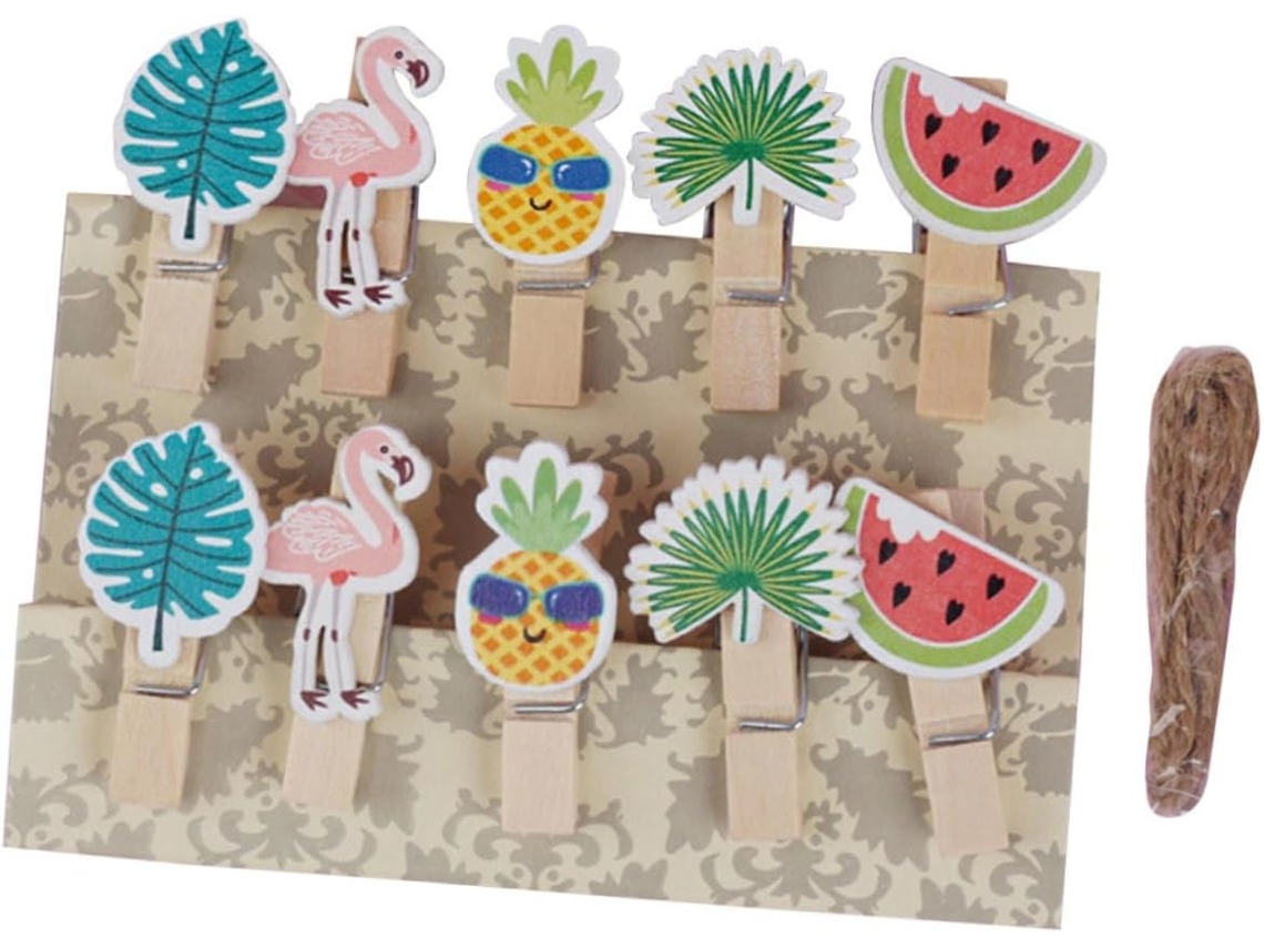Conjunto 30 Prendedores Fotos Duráveis Decorativos Madeira Desenhos Frutas Flamingos Folhas Criativos GOKOCO